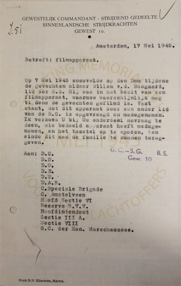 Bron: Nationaal Archief. rapport betreffende vermissing filmcamera van den Boogaard